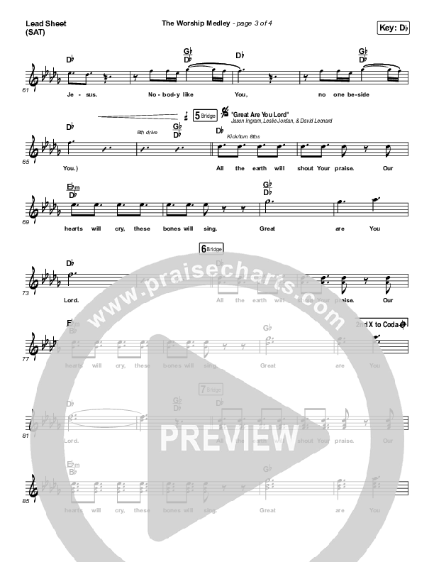 The Worship Medley (Reckless Love / O Come To The Altar / Great Are You Lord) Lead Sheet (SAT) (Tauren Wells)