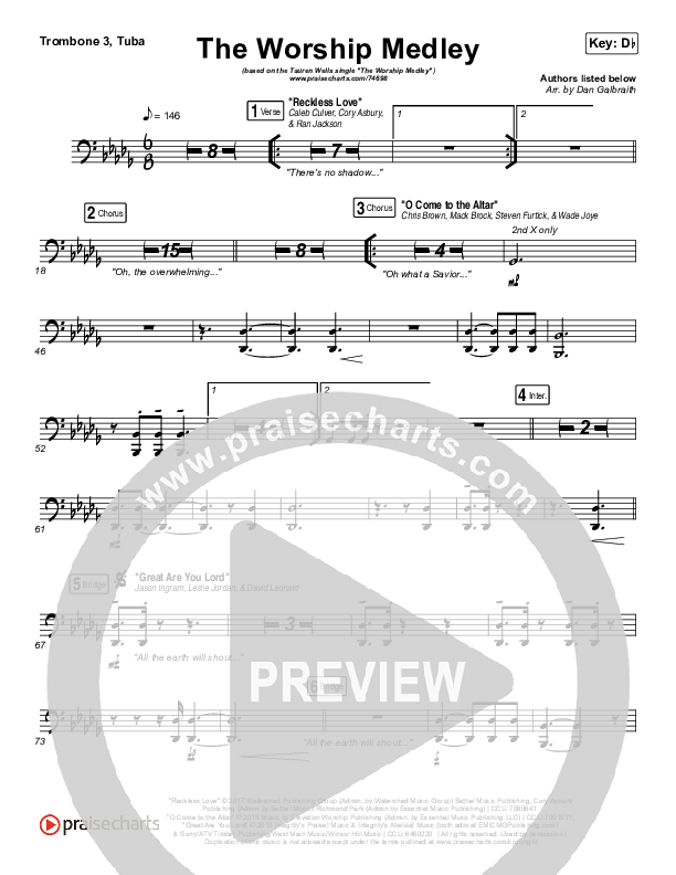 The Worship Medley (Reckless Love / O Come To The Altar / Great Are You Lord) Trombone 3/Tuba (Tauren Wells)