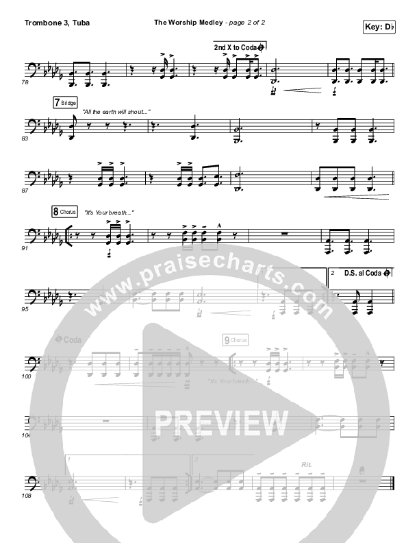 The Worship Medley (Reckless Love / O Come To The Altar / Great Are You Lord) Trombone 3/Tuba (Tauren Wells)