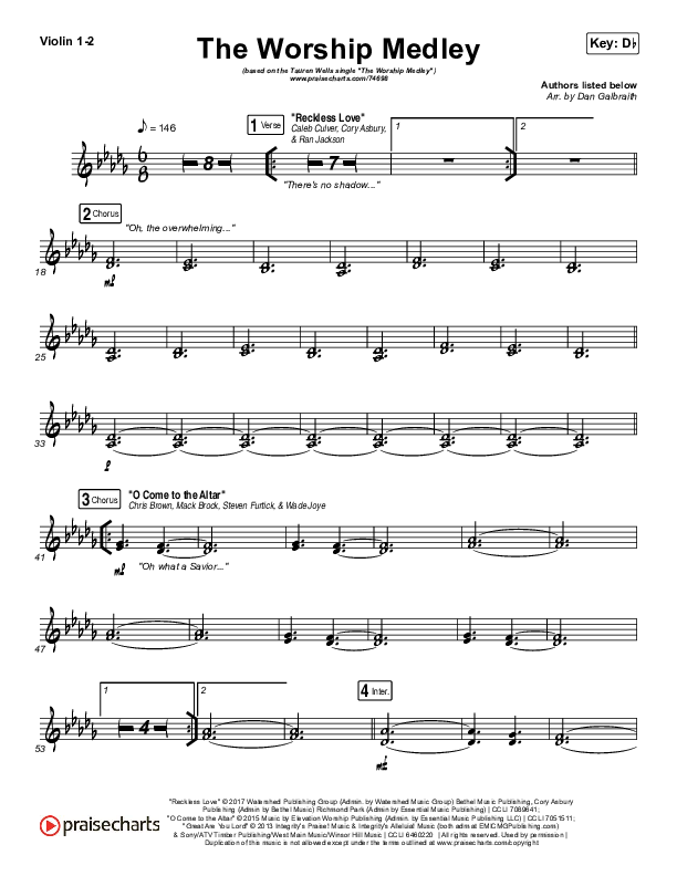 The Worship Medley (Reckless Love / O Come To The Altar / Great Are You Lord) Violin 1/2 (Tauren Wells)
