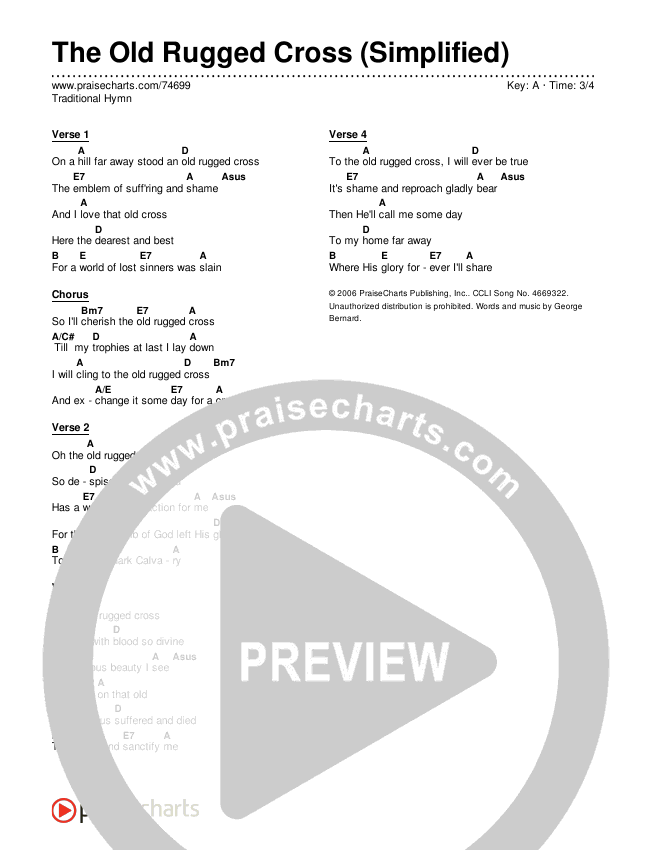 The Old Rugged Cross (Simplified) Chord Chart (Traditional Hymn)