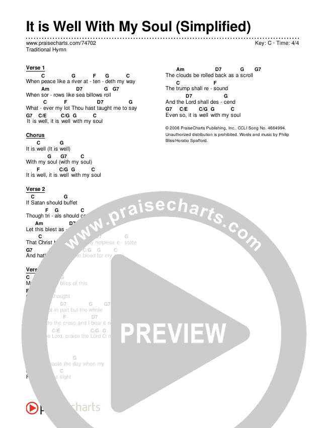 It is Well With My Soul (Simplified) Chord Chart (Traditional Hymn)