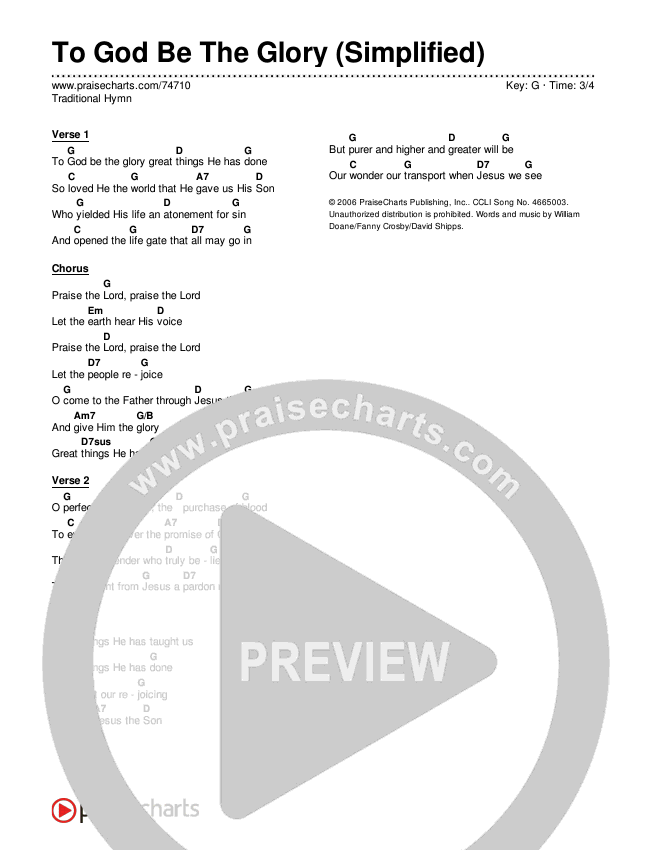 To God Be The Glory (Simplified) Chord Chart (Traditional Hymn)