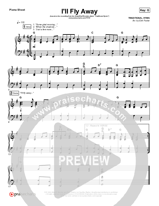 I'll Fly Away (Simplified) Piano Sheet (Traditional Hymn)