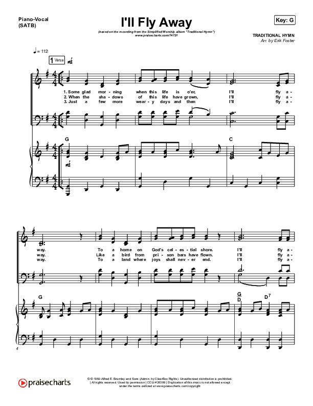 I'll Fly Away (Simplified) Piano/Vocal (SATB) (Traditional Hymn)