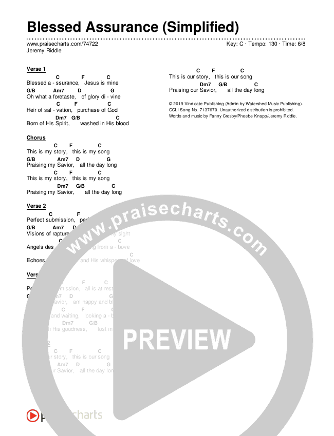 Blessed Assurance (Simplified) Chord Chart (Jeremy Riddle)