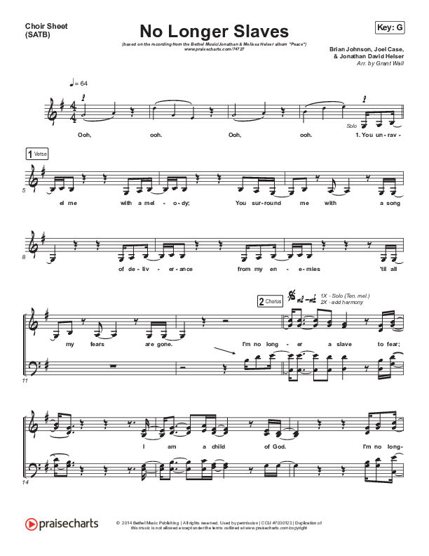 No Longer Slaves Choir Sheet (SATB) (Bethel Music / Jonathan David Helser / Melissa Helser)