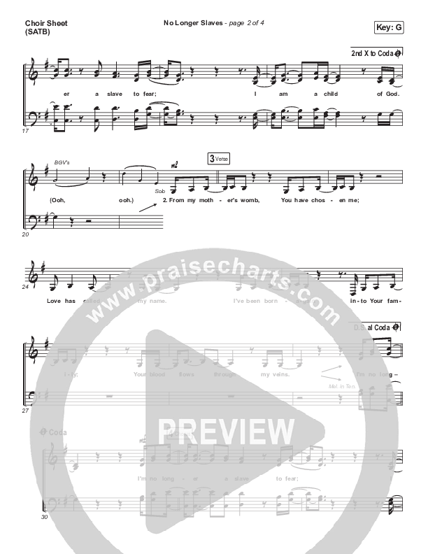 No Longer Slaves Choir Sheet (SATB) (Bethel Music / Jonathan David Helser / Melissa Helser)