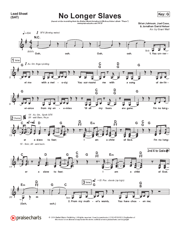 No Longer Slaves Lead Sheet (SAT) (Bethel Music / Jonathan David Helser / Melissa Helser)