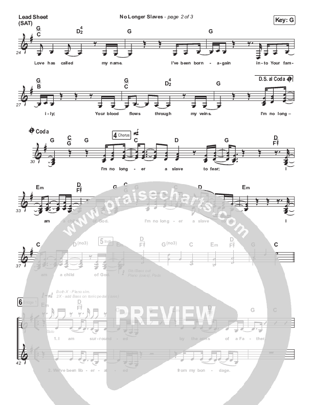 No Longer Slaves Lead Sheet (SAT) (Bethel Music / Jonathan David Helser / Melissa Helser)