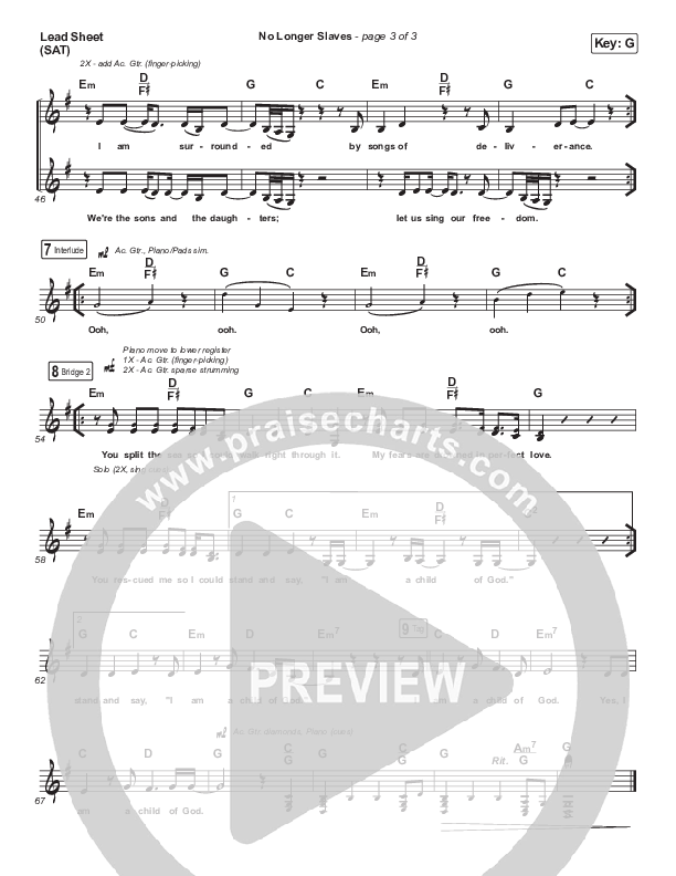 No Longer Slaves Lead Sheet (SAT) (Bethel Music / Jonathan David Helser / Melissa Helser)
