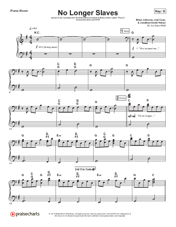 No Longer Slaves Piano Sheet (Bethel Music / Jonathan David Helser / Melissa Helser)