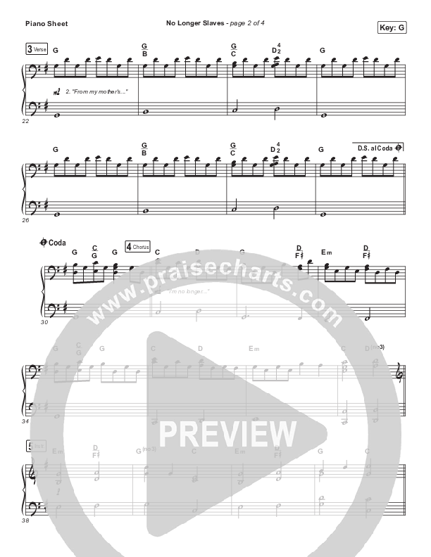 No Longer Slaves Piano Sheet (Bethel Music / Jonathan David Helser / Melissa Helser)