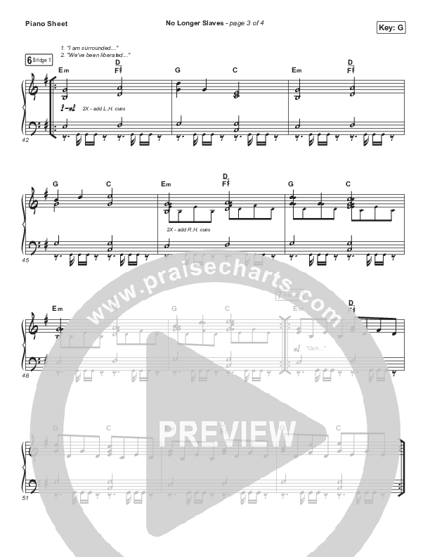 No Longer Slaves Piano Sheet (Bethel Music / Jonathan David Helser / Melissa Helser)