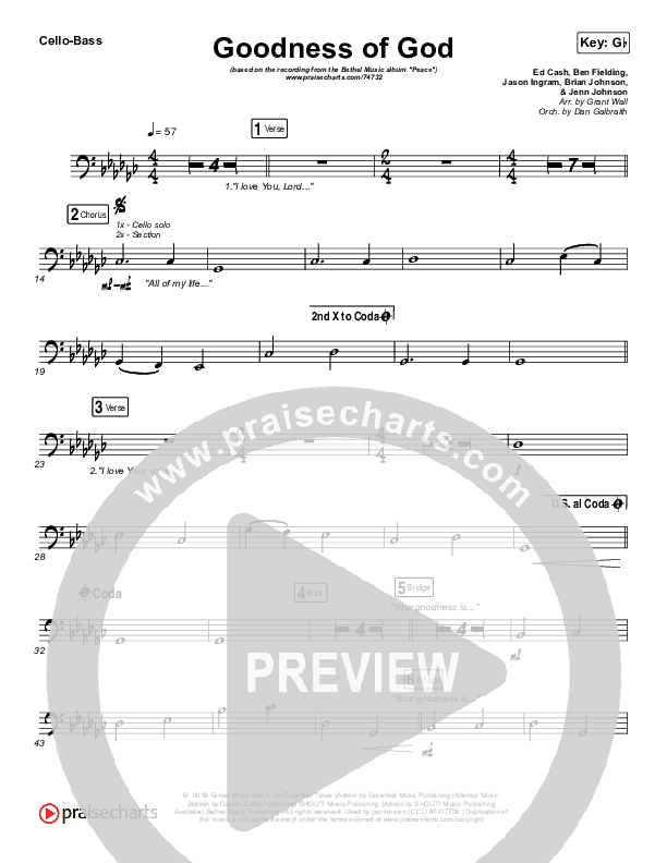 Goodness Of God Cello/Bass (Bethel Music / Jenn Johnson)