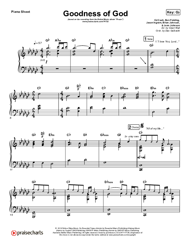 Goodness Of God Piano Sheet (Bethel Music / Jenn Johnson)