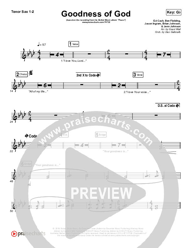 Goodness Of God Tenor Sax 1/2 (Bethel Music / Jenn Johnson)