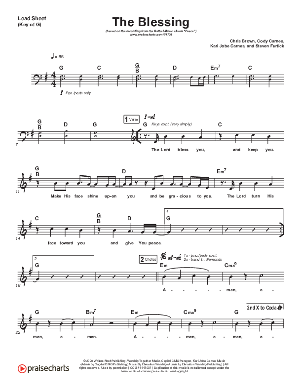 The Blessing Lead Sheet (Melody) (Bethel Music / We The Kingdom)