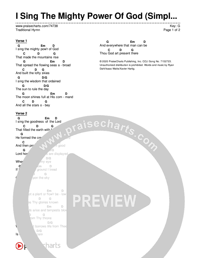 I Sing The Mighty Power Of God (Simplified) Chord Chart (Traditional Hymn)