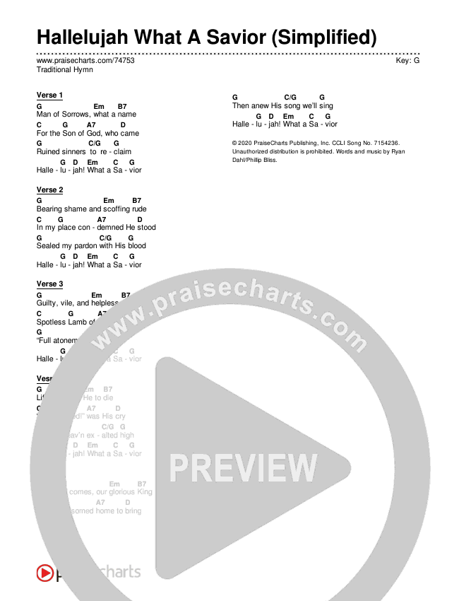 Hallelujah What A Savior (Simplified) Chord Chart (Traditional Hymn)