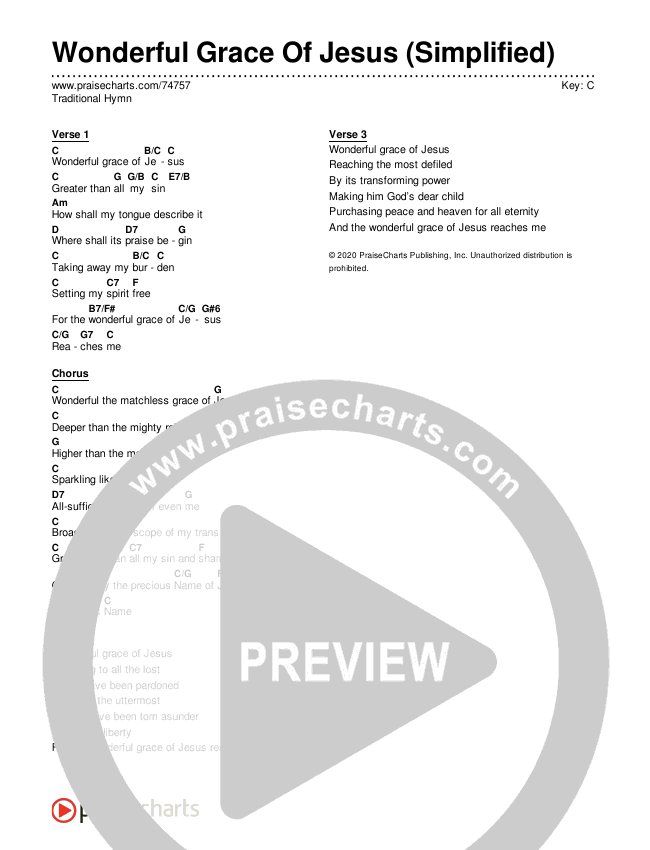 Wonderful Grace Of Jesus (Simplified) Chord Chart (Traditional Hymn)