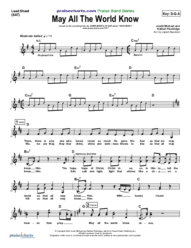 May All The World Know Jesus Lead Sheet (Compliments of Gus)
