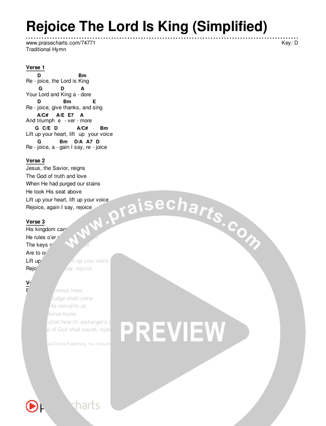 Rejoice The Lord Is King (Simplified) Chord Chart (Traditional Hymn)