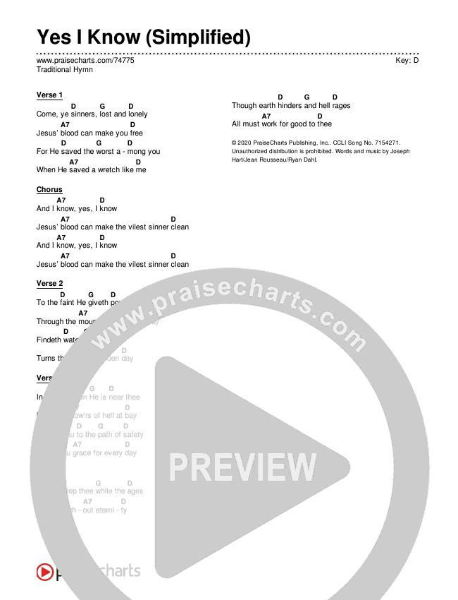 Yes I Know (Simplified) Chord Chart (Traditional Hymn)