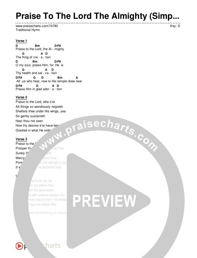 Praise To The Lord The Almighty (Simplified) Chord Chart (Traditional Hymn)