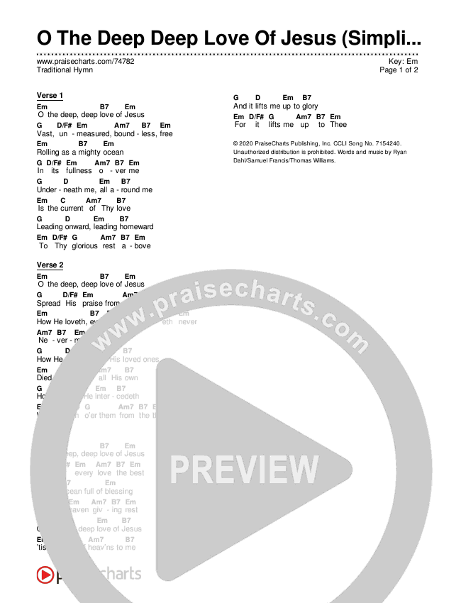 O The Deep Deep Love Of Jesus (Simplified) Chord Chart (Traditional Hymn)
