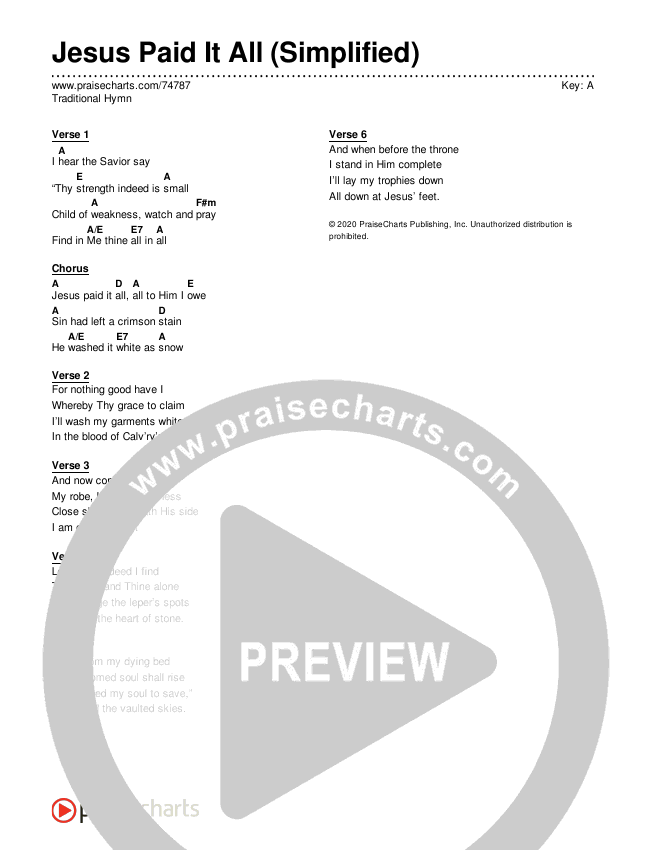 Jesus Paid It All (Simplified) Chord Chart (Traditional Hymn)