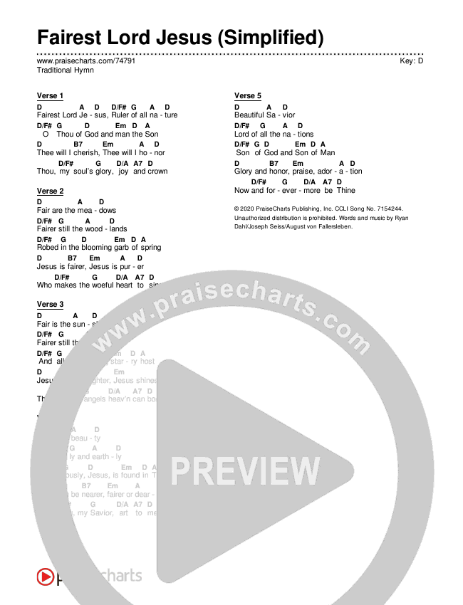 Fairest Lord Jesus (Simplified) Chord Chart (Traditional Hymn)