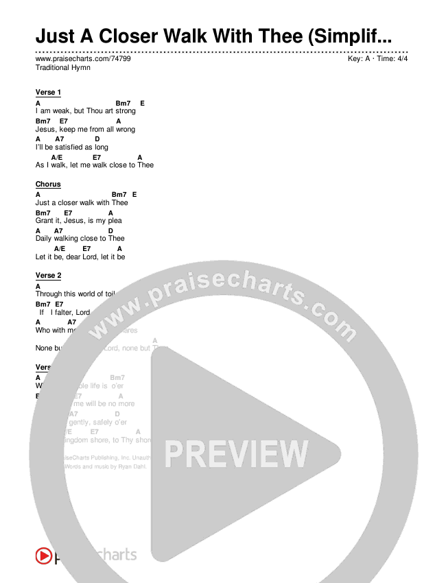 Just A Closer Walk With Thee (Simplified) Chord Chart (Traditional Hymn)