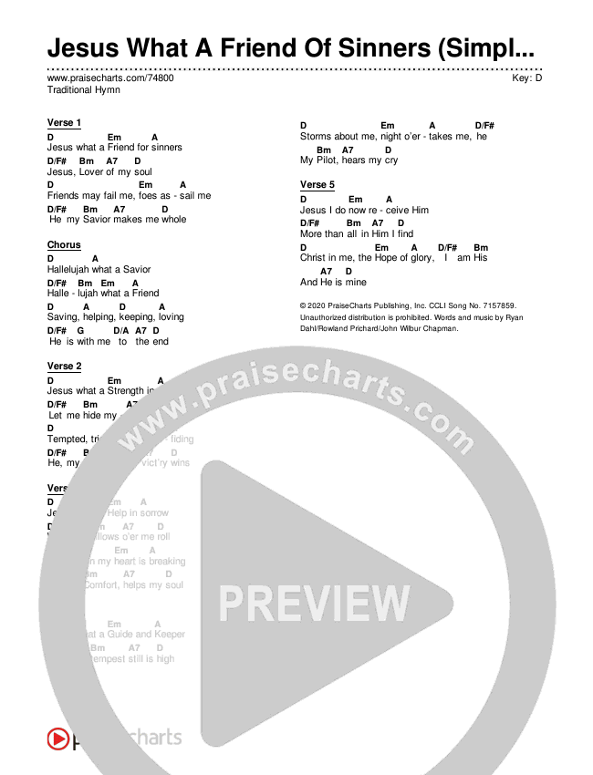 Jesus What A Friend Of Sinners (Simplified) Chord Chart (Traditional Hymn)