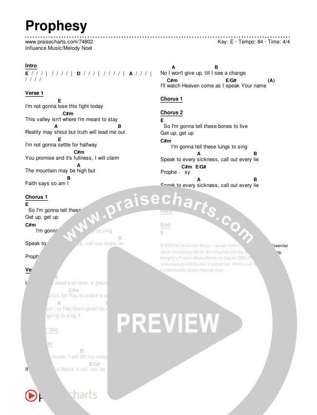 Prophesy (Live) Chords & Lyrics (Influence Music / Melody Noel)