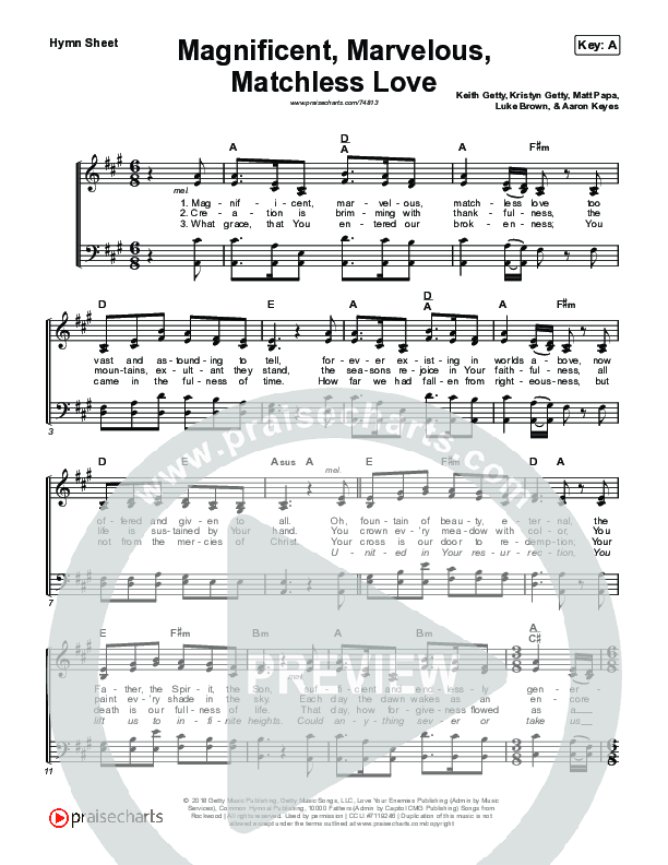 Magnificent Marvelous Matchless Love Hymn Sheet (Keith & Kristyn Getty)