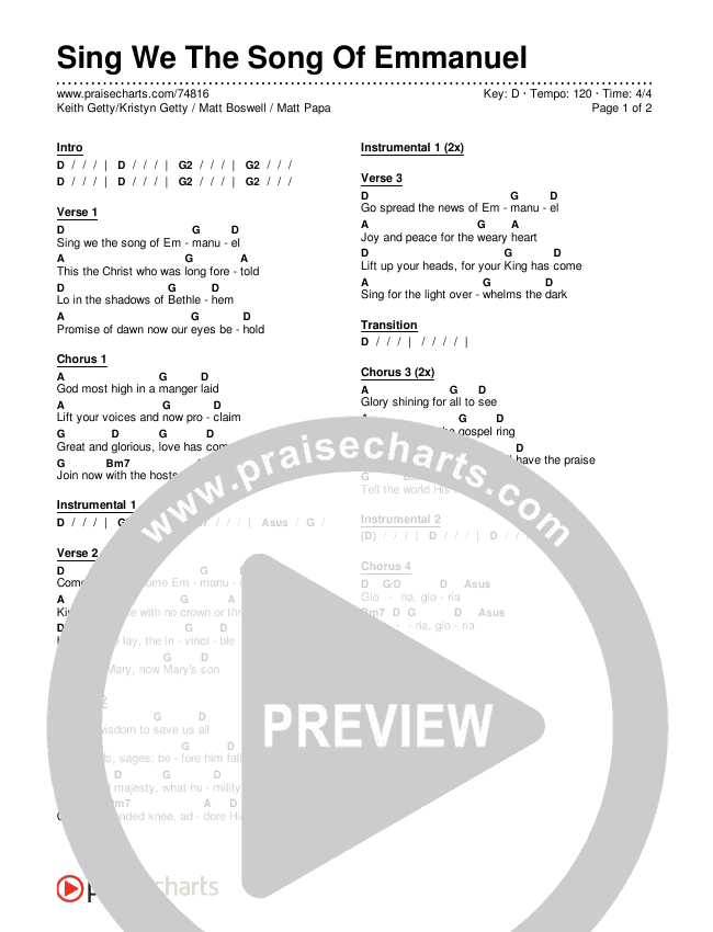 Sing We The Song Of Emmanuel Chords & Lyrics (Keith & Kristyn Getty / Matt Boswell / Matt Papa)
