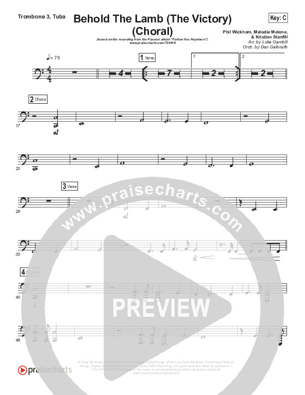 Behold The Lamb (Choral Anthem SATB) Trombone 3/Tuba (Passion / Kristian Stanfill / Arr. Luke Gambill)