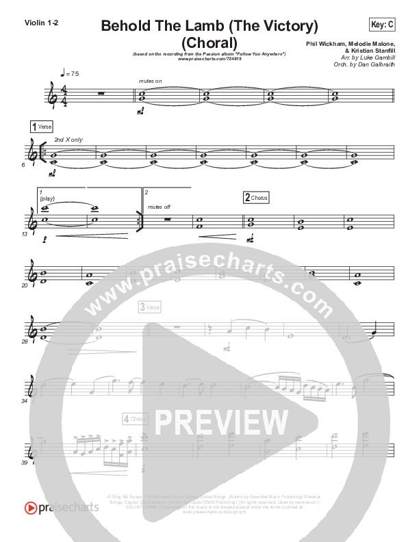 Behold The Lamb (Choral Anthem SATB) Violin 1/2 (Passion / Kristian Stanfill / Arr. Luke Gambill)