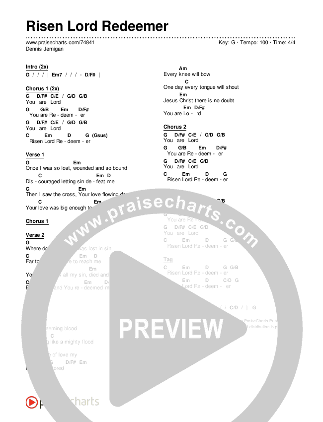 Risen Lord Redeemer Chords & Lyrics (Dennis Jernigan)