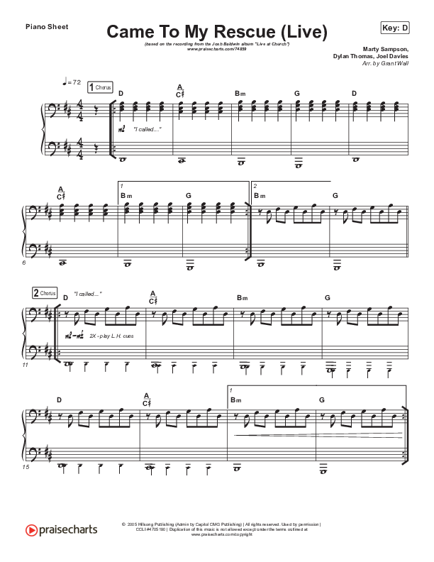 Came To My Rescue (Live) Piano Sheet (Josh Baldwin)