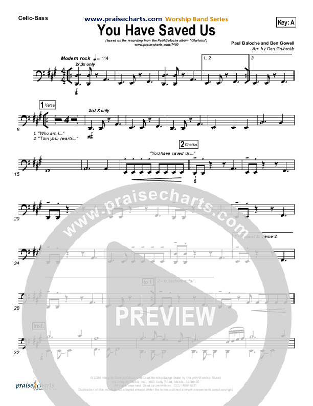 You Have Saved Us Cello/Bass (Paul Baloche)