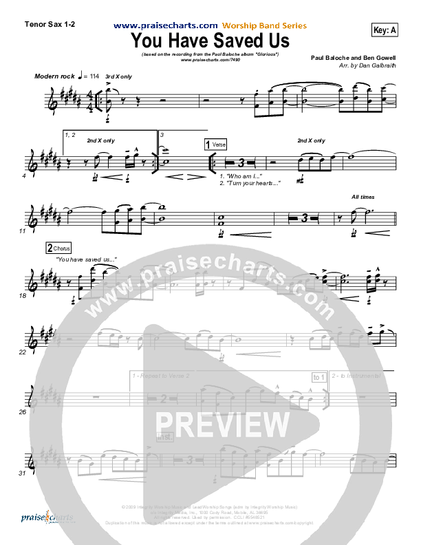 You Have Saved Us Tenor Sax 1/2 (Paul Baloche)