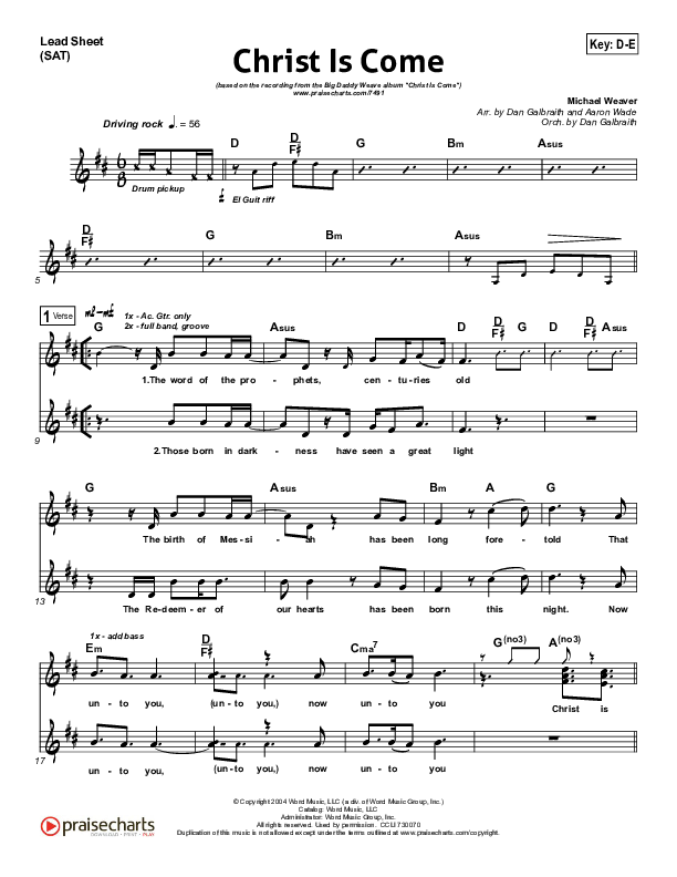 Christ Is Come Lead Sheet (Big Daddy Weave)