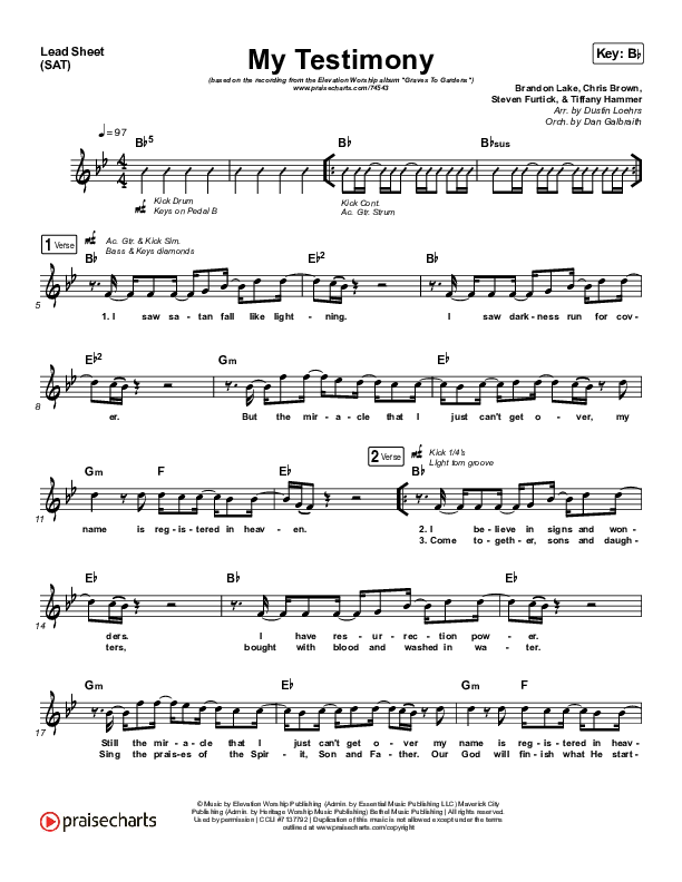 My Testimony (Choral Anthem SATB) Lead Sheet (SAT) (Elevation Worship / Arr. Luke Gambill)