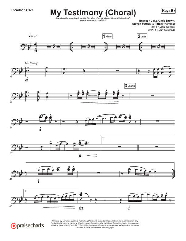 My Testimony (Choral Anthem SATB) Trombone 1/2 (Elevation Worship / Arr. Luke Gambill)