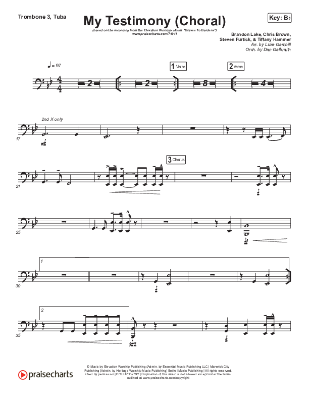 My Testimony (Choral Anthem SATB) Trombone 3/Tuba (Elevation Worship / Arr. Luke Gambill)