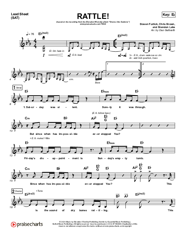 RATTLE! (Choral Anthem SATB) Lead Sheet (SAT) (Elevation Worship / Arr. Luke Gambill)
