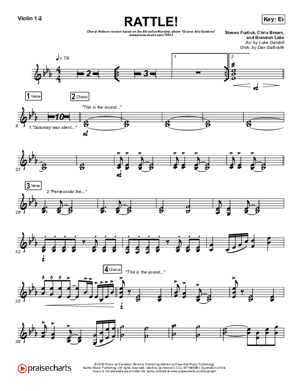 RATTLE! (Choral Anthem SATB) Violin 1,2 (Elevation Worship / Arr. Luke Gambill)