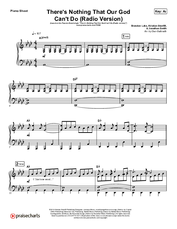 There's Nothing That Our God Can't Do (Radio) Piano Sheet (Passion / Kristian Stanfill)